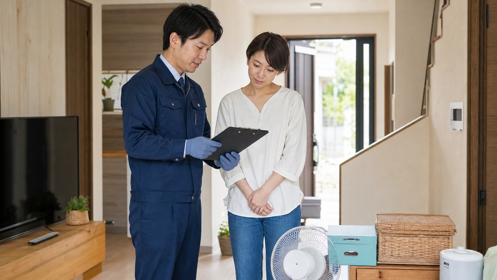 現地見積もりで品物、搬出経路、作業範囲を確認している様子